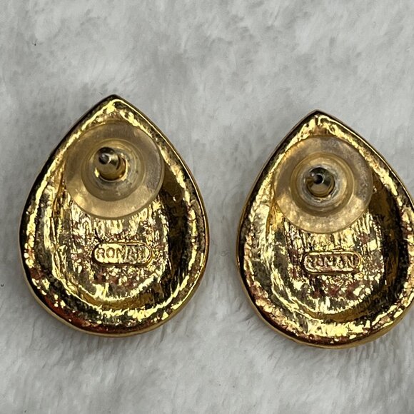 Vintage Roman Gold Tone And Clear Rhinestone Teardrop Shaped Earrings beautiful - Picture 2 of 4